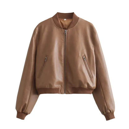 Elarova | Vintage PU-Leder Bomberjacke für Damen mit Stehkragen und Frontreißverschluss