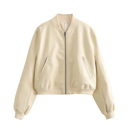 Elarova | Vintage PU-Leder Bomberjacke für Damen mit Stehkragen und Frontreißverschluss