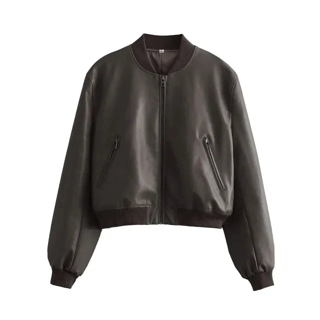 Elarova | Vintage PU-Leder Bomberjacke für Damen mit Stehkragen und Frontreißverschluss