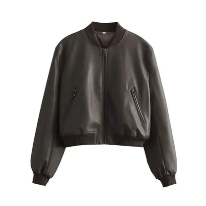 Elarova | Vintage PU-Leder Bomberjacke für Damen mit Stehkragen und Frontreißverschluss