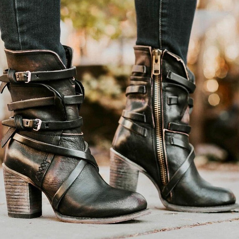 Norvielle Damen Lederstiefel Winter Schwarz - Norvielle