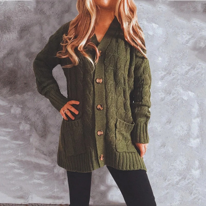 Elarova | Wollstrickjacke Damen Mit Zopfmuster Und Holzknöpfen, Lockere