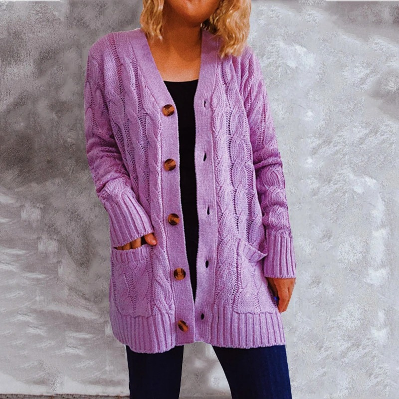 Elarova | Wollstrickjacke Damen Mit Zopfmuster Und Holzknöpfen, Lockere