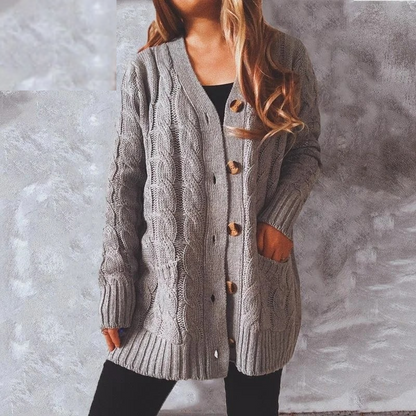 Elarova | Wollstrickjacke Damen Mit Zopfmuster Und Holzknöpfen, Lockere