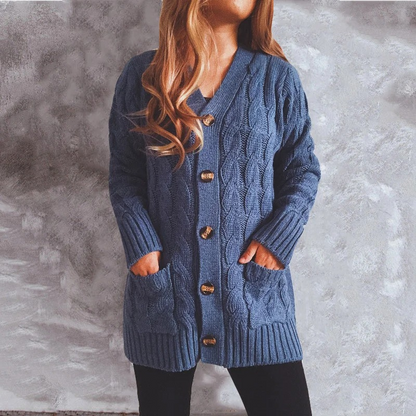 Elarova | Wollstrickjacke Damen Mit Zopfmuster Und Holzknöpfen, Lockere