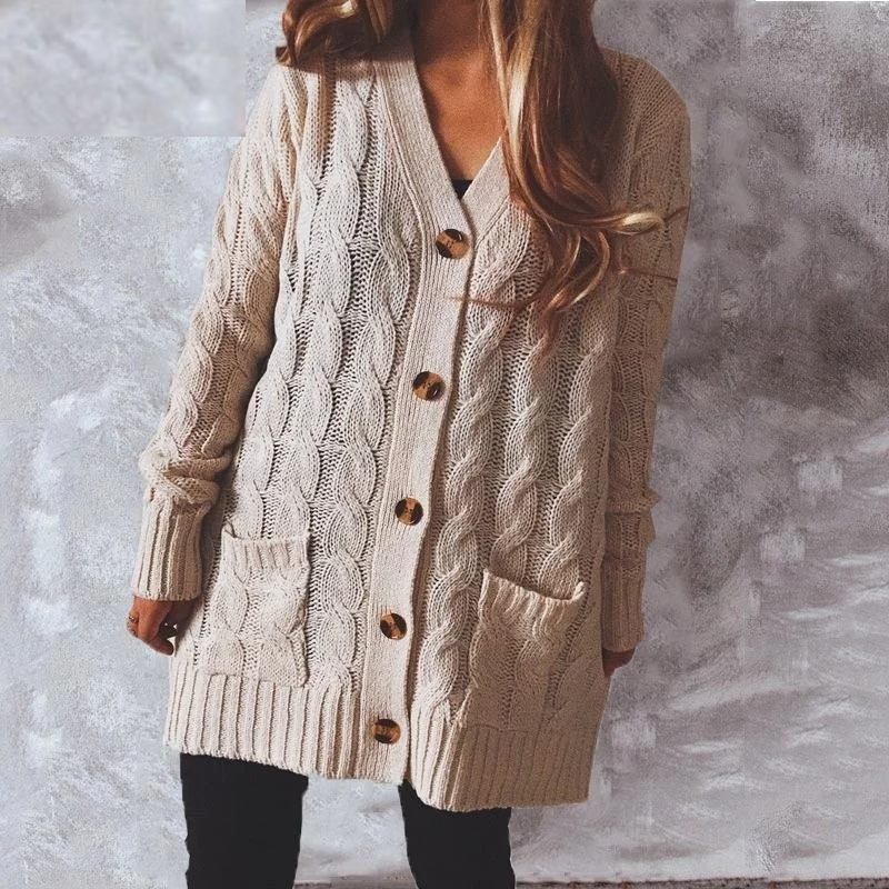 Elarova | Wollstrickjacke Damen Mit Zopfmuster Und Holzknöpfen, Lockere