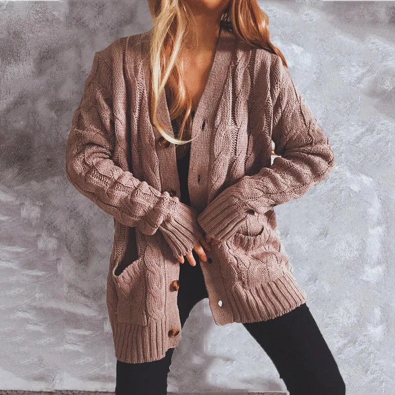 Elarova | Wollstrickjacke Damen Mit Zopfmuster Und Holzknöpfen, Lockere