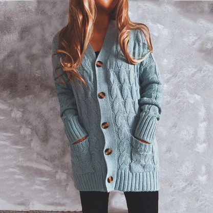 Elarova | Wollstrickjacke Damen Mit Zopfmuster Und Holzknöpfen, Lockere