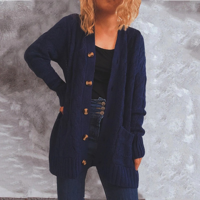 Elarova | Wollstrickjacke Damen Mit Zopfmuster Und Holzknöpfen, Lockere