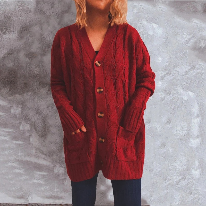 Elarova | Wollstrickjacke Damen Mit Zopfmuster Und Holzknöpfen, Lockere