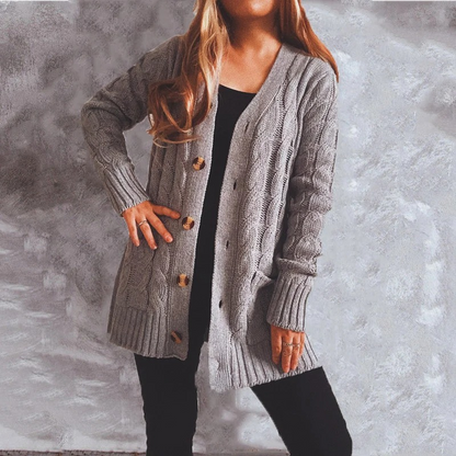 Damen Wollstrickjacke Zopfmuster Holzknöpfe Lockere - Norvielle