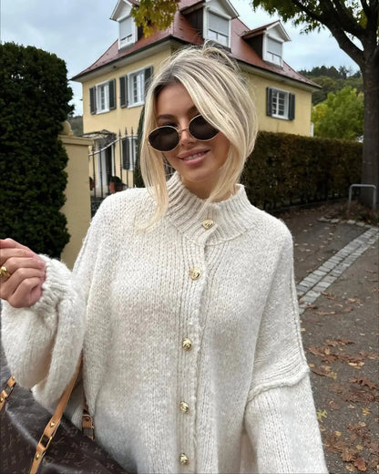Elarova | gestrickte Damen Strickjacke mit hohem Kragen und weitem Schnitt