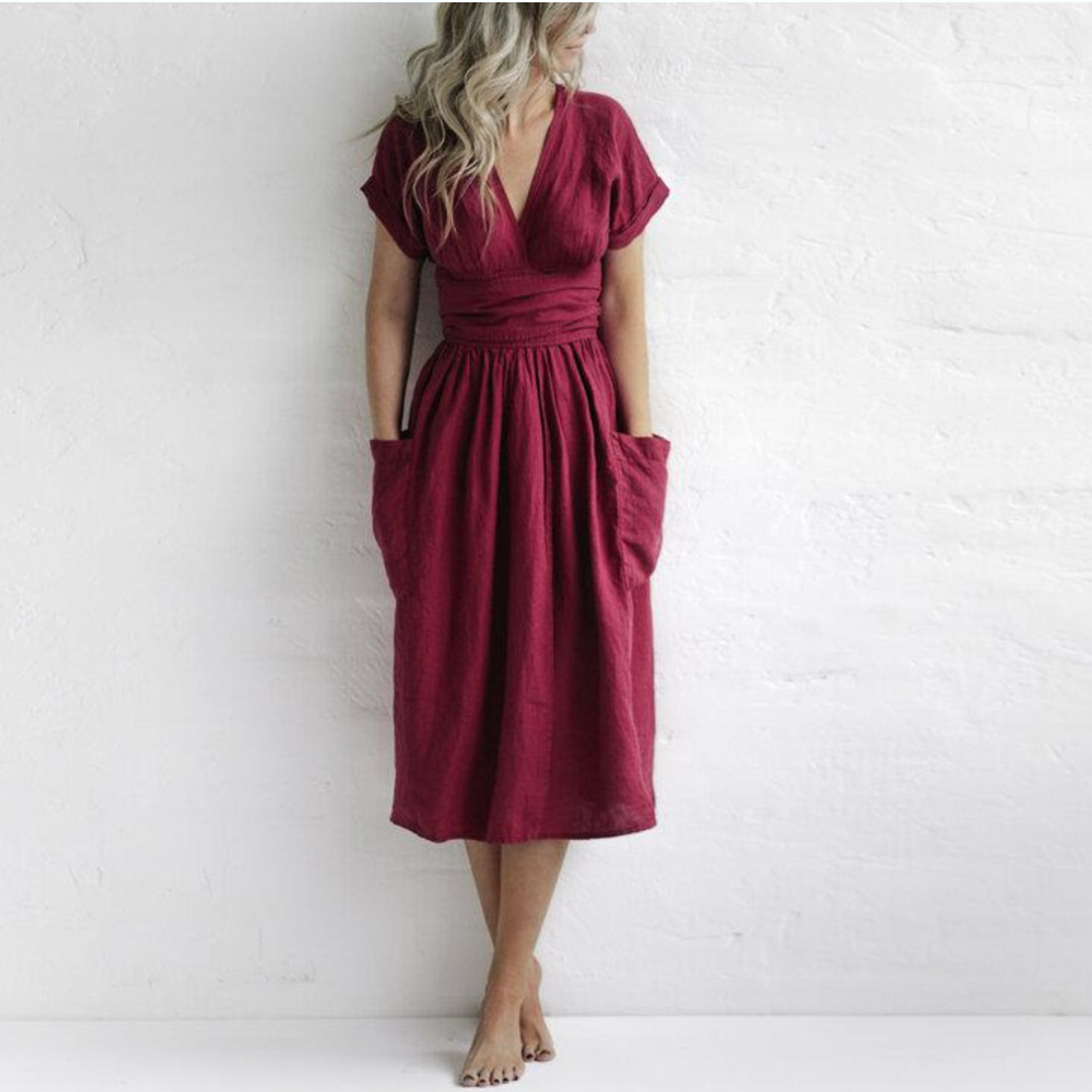 Norvielle Damen Midikleid V-Ausschnitt Rot - Norvielle
