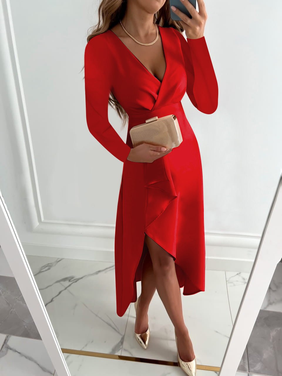 Damen Midi-Kleid V-Ausschnitt Schlitz Etui-Optik