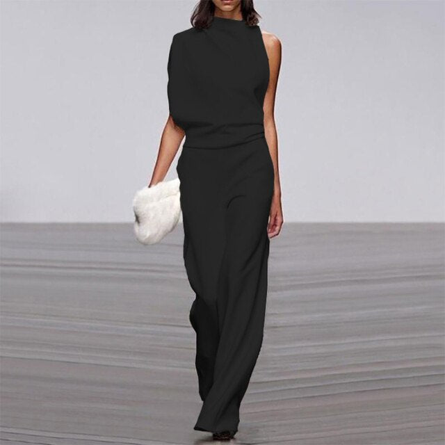 Damen Jumpsuit Ein-Schulter-Design Weites Bein