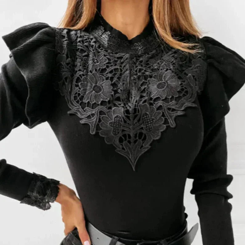 Norvielle Damen Rollkragenpullover Rüschen Spitze