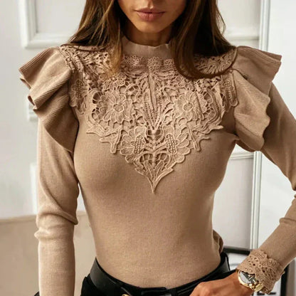 Norvielle Damen Rollkragenpullover Rüschen Spitze - Norvielle