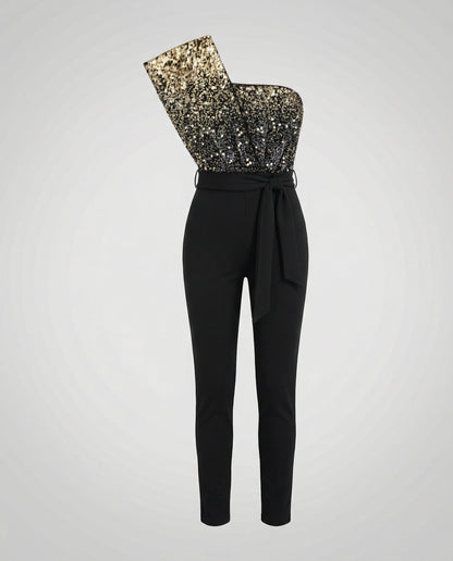 Damen Jumpsuit Pailletten Patchwork