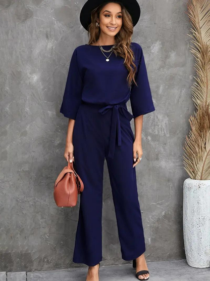 Damen Jumpsuit Elegante Passform Weite Beinform Dreiviertelärmel