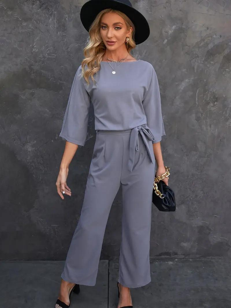 Damen Jumpsuit Elegante Passform Weite Beinform Dreiviertelärmel