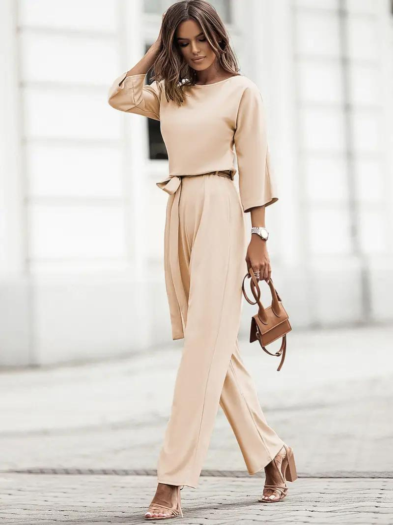 Damen Jumpsuit Elegante Passform Weite Beinform Dreiviertelärmel
