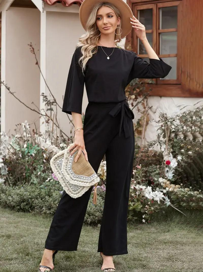 Damen Jumpsuit Elegante Passform Weite Beinform Dreiviertelärmel - Norvielle