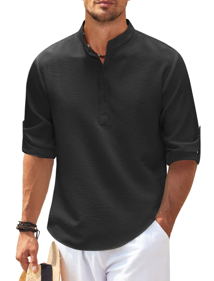 Herren Nadelstreifen Henley Hemd Stehkragen Knopfleiste - Norvielle