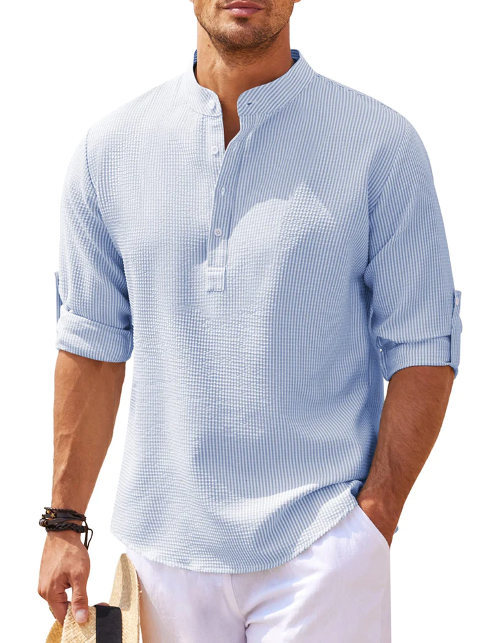 Herren Nadelstreifen Henley Hemd Stehkragen Knopfleiste