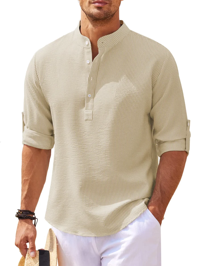 Herren Nadelstreifen Henley Hemd Stehkragen Knopfleiste