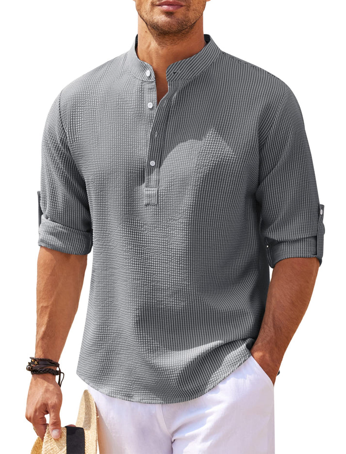 Herren Nadelstreifen Henley Hemd Stehkragen Knopfleiste