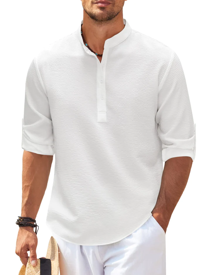 Herren Nadelstreifen Henley Hemd Stehkragen Knopfleiste