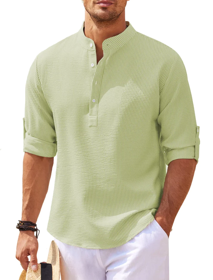 Herren Nadelstreifen Henley Hemd Stehkragen Knopfleiste
