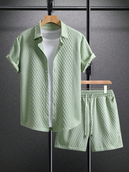 Herren Set 3D-Waffelstruktur Hemd Shorts