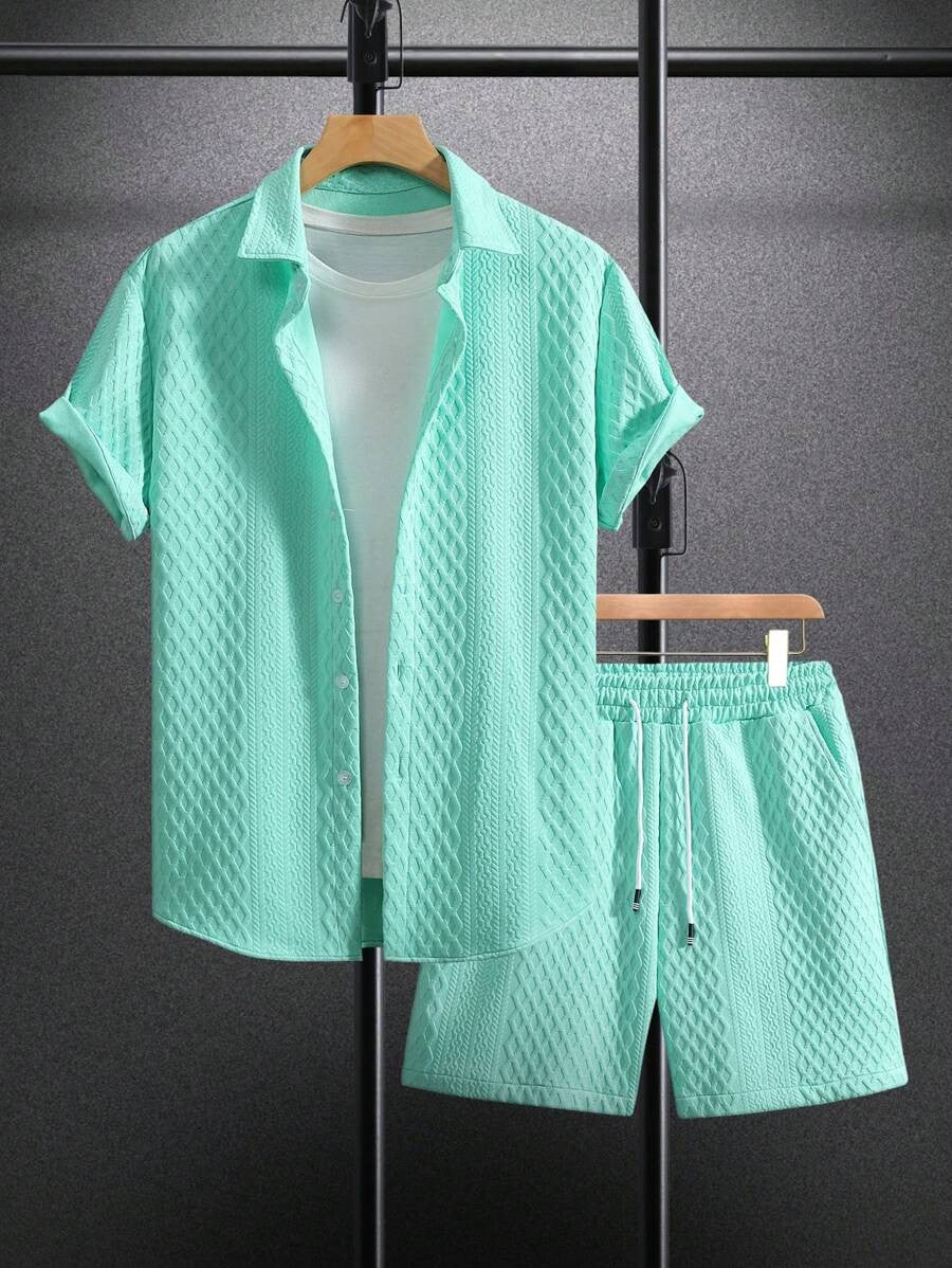 Herren Set 3D-Waffelstruktur Hemd Shorts