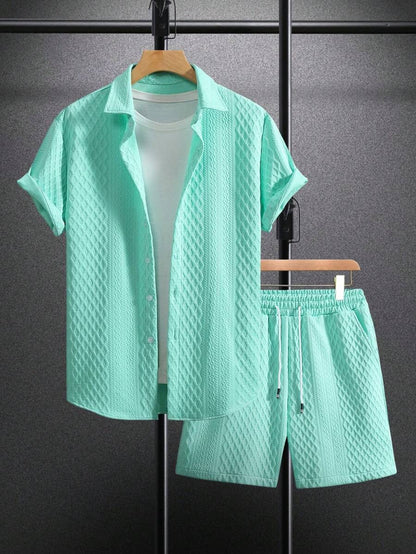 Herren Set 3D-Waffelstruktur Hemd Shorts