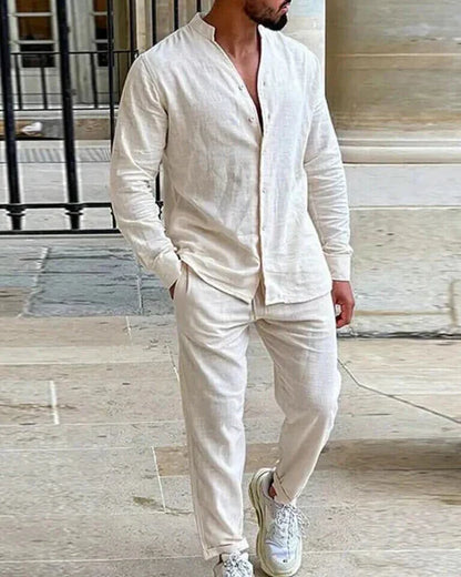 Herren Leinen-Set Hemd mit Stehkragen und Hose Beige - Norvielle