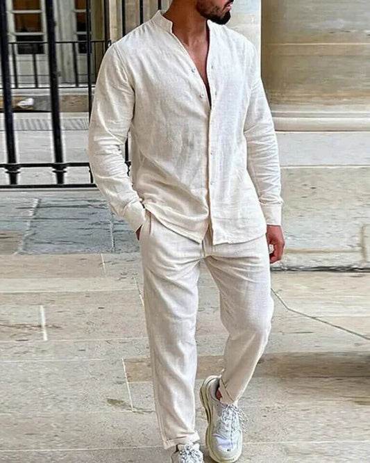 Herren Leinen-Set Hemd mit Stehkragen und Hose Beige - Norvielle
