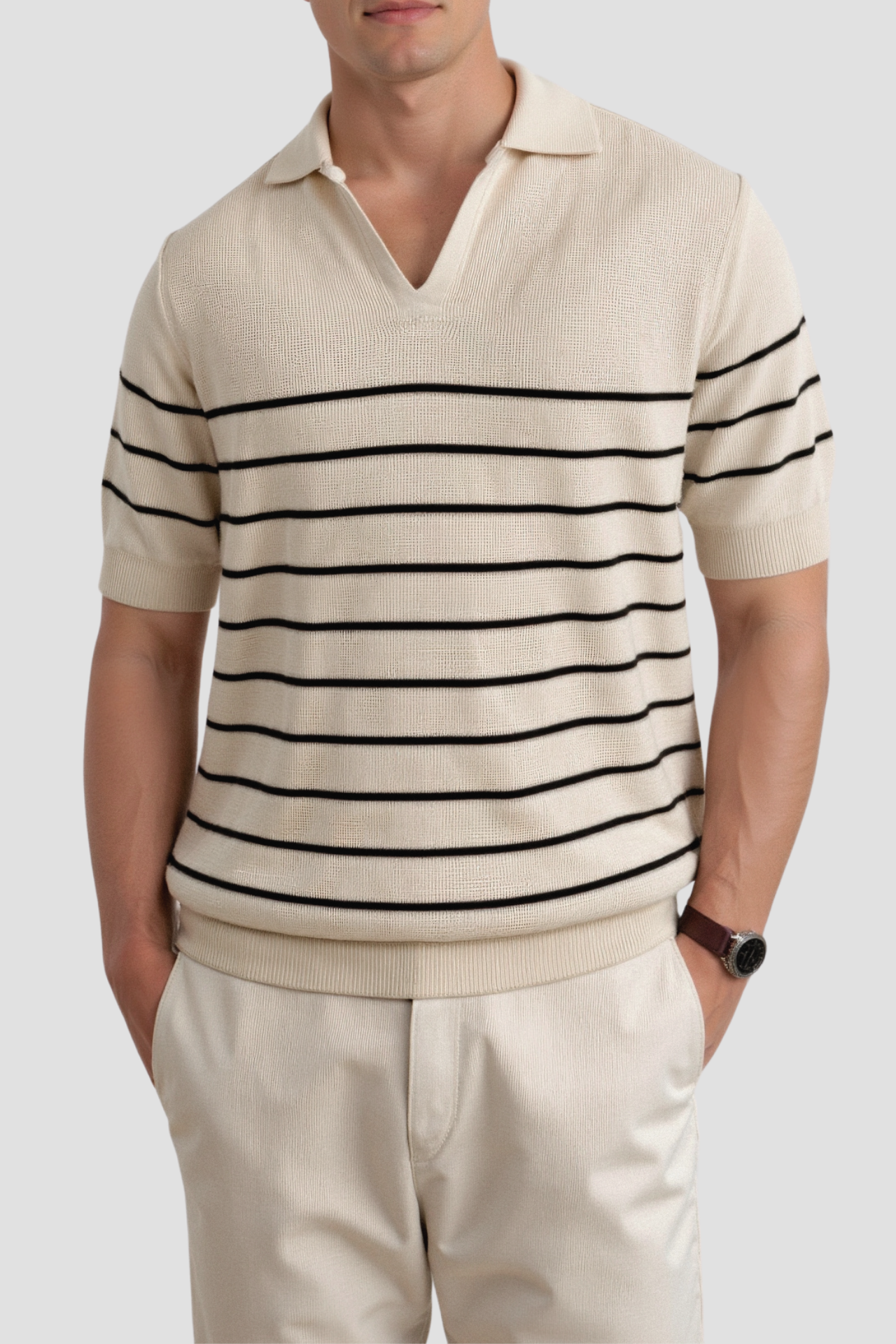 Herren Poloshirt Gestreift Kurzärmelig Weiß/