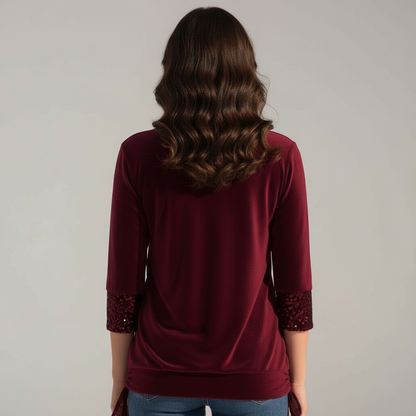 Damen Pailletten Bluse Figurfreundlich Langarm