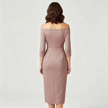 Elegantes Damen Hochzeitsgastkleid Off-Shoulder Lang Satin