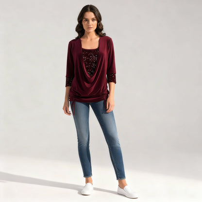 Damen Pailletten Bluse Figurfreundlich Langarm