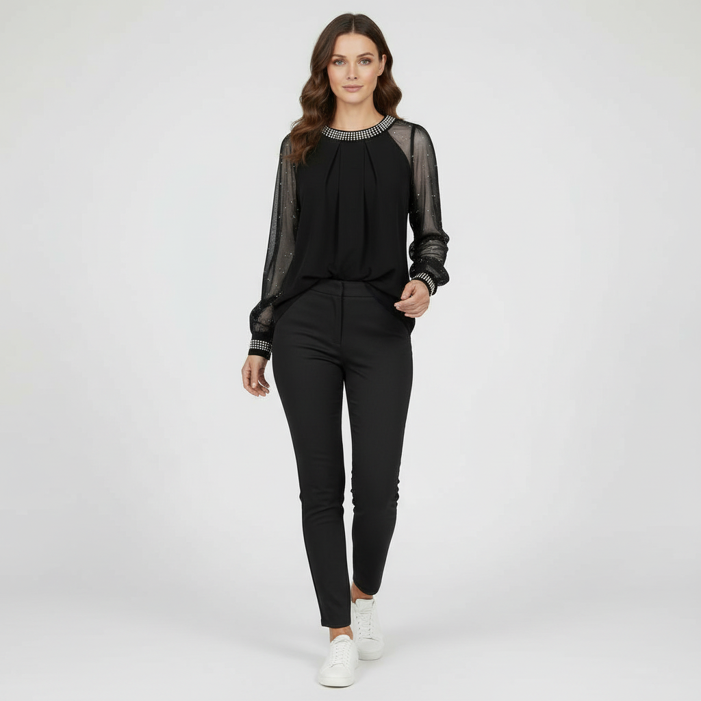 Damen Oberteil Mesh Pailletten