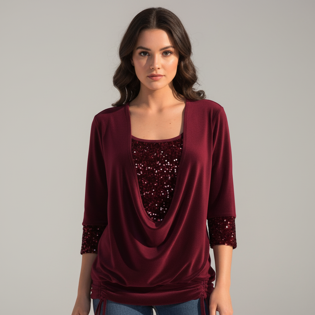 Damen Pailletten Bluse Figurfreundlich Langarm - Norvielle