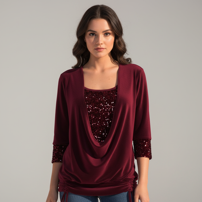 Damen Pailletten Bluse Figurfreundlich Langarm - Norvielle
