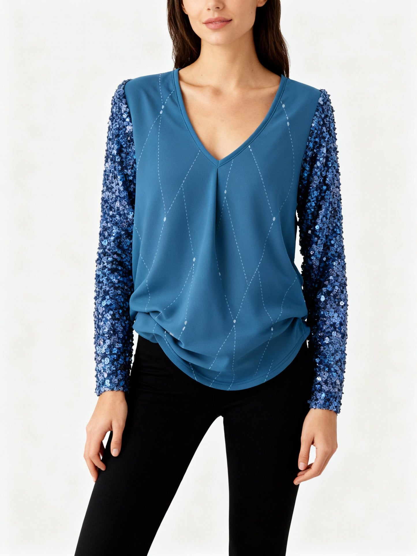 Damen Bluse V-Ausschnitt Paillettenärmel Rautenmuster - Norvielle