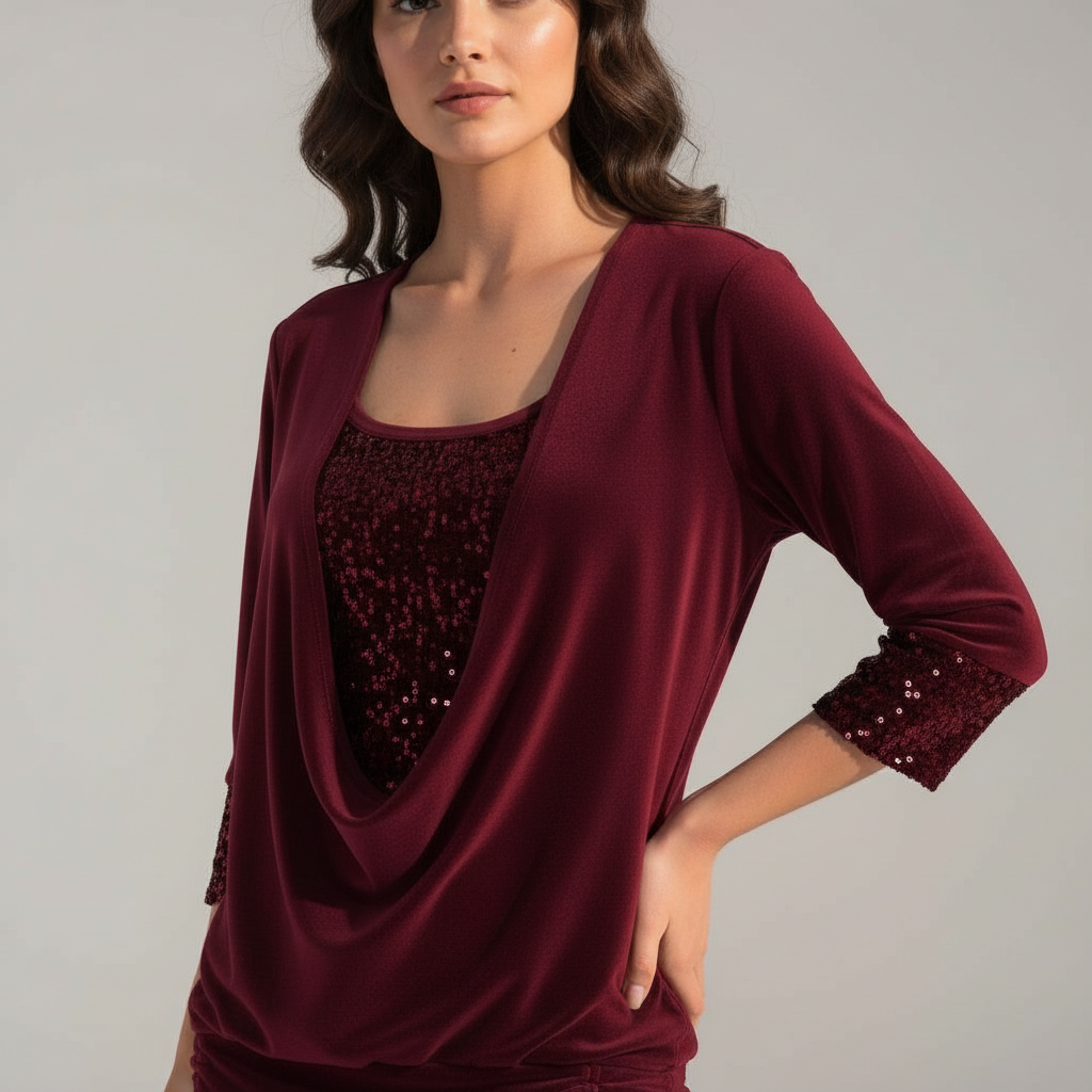 Damen Pailletten Bluse Figurfreundlich Langarm