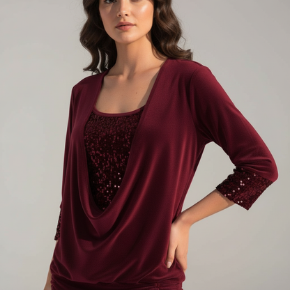 Damen Pailletten Bluse Figurfreundlich Langarm