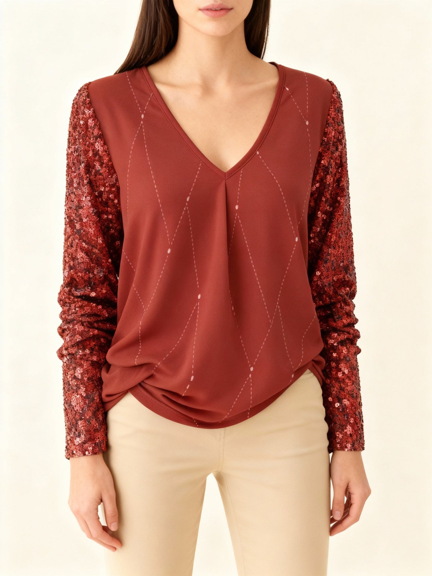 Damen Bluse V-Ausschnitt Paillettenärmel Rautenmuster