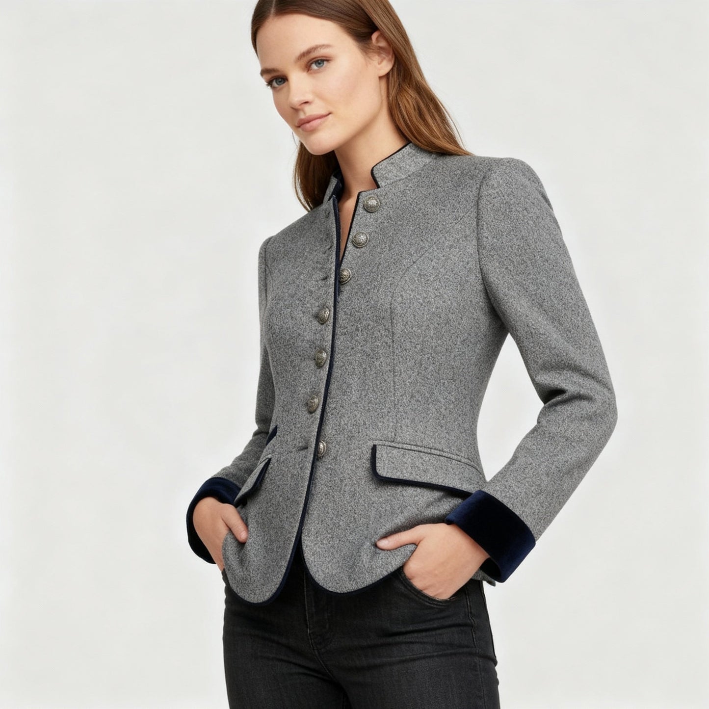 Damen Jacke Klassisch Kastig Geschnitten Mehrknopfverschluss
