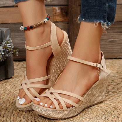 Damen Plateau-Wedges Sandalen mit Kreuzriemen und Verstellbarer